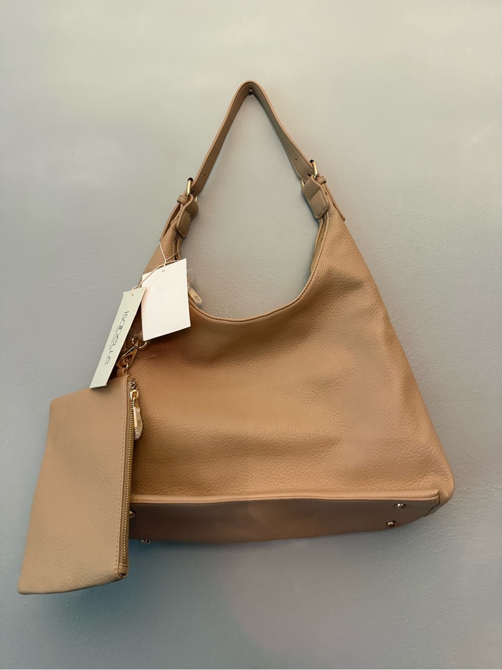 Pebbled Hobo Shoulder Bag in Tan with Wrist Pouch